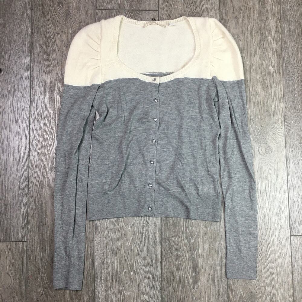 Anthropologie Knitted & Knotted Jewel ButtonCardigan Gray Cream Small Women S - Picture 2 of 12